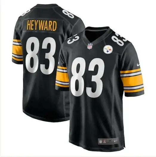 Black Pittsburgh Steelers Connor Heyward Nike Game Player Jersey with white name and yellow striped sleeves