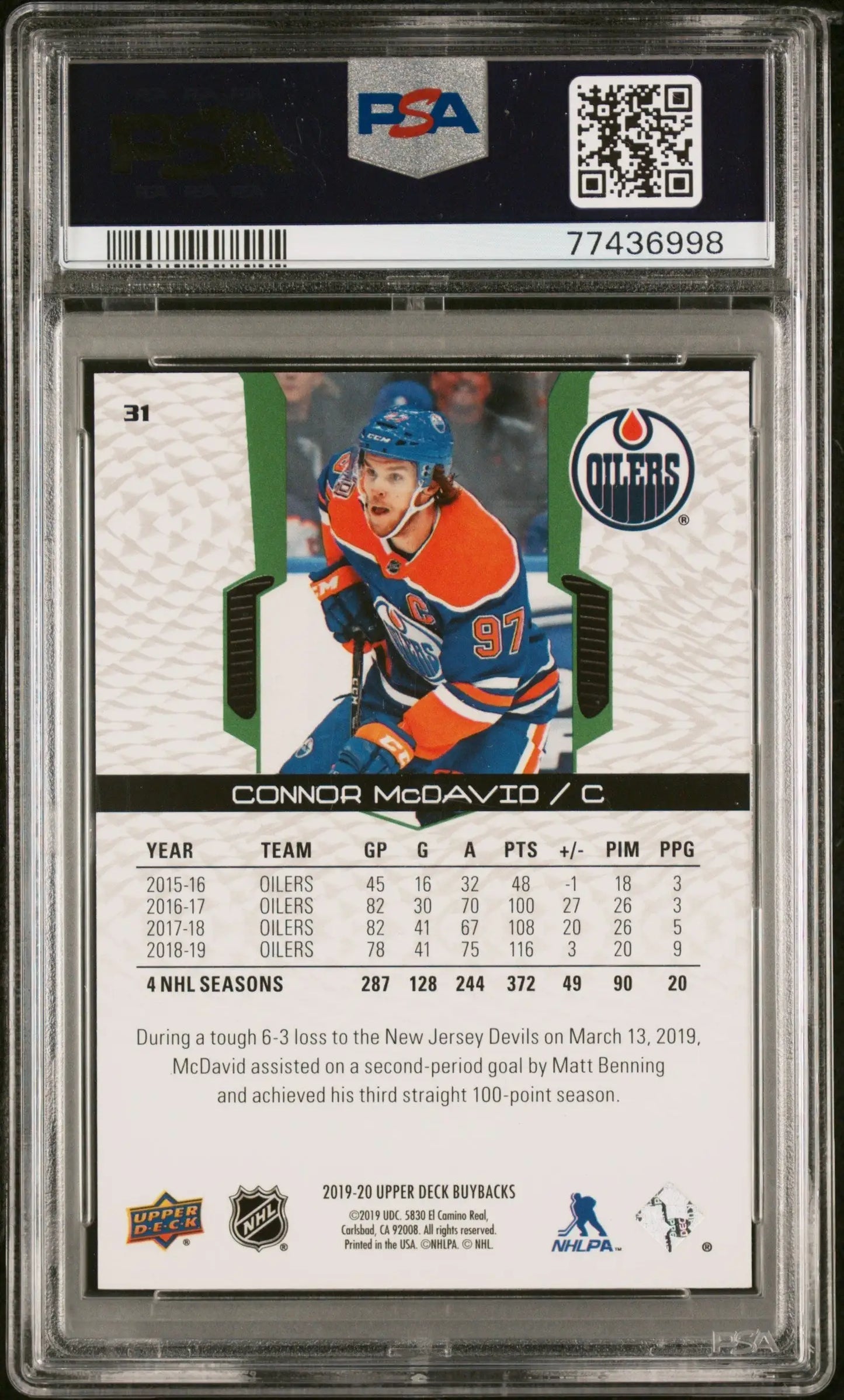 Connor McDavid 2019 Upper Deck Buybacks #31 Emerald #18/25 PSA 9 Mint - Singles