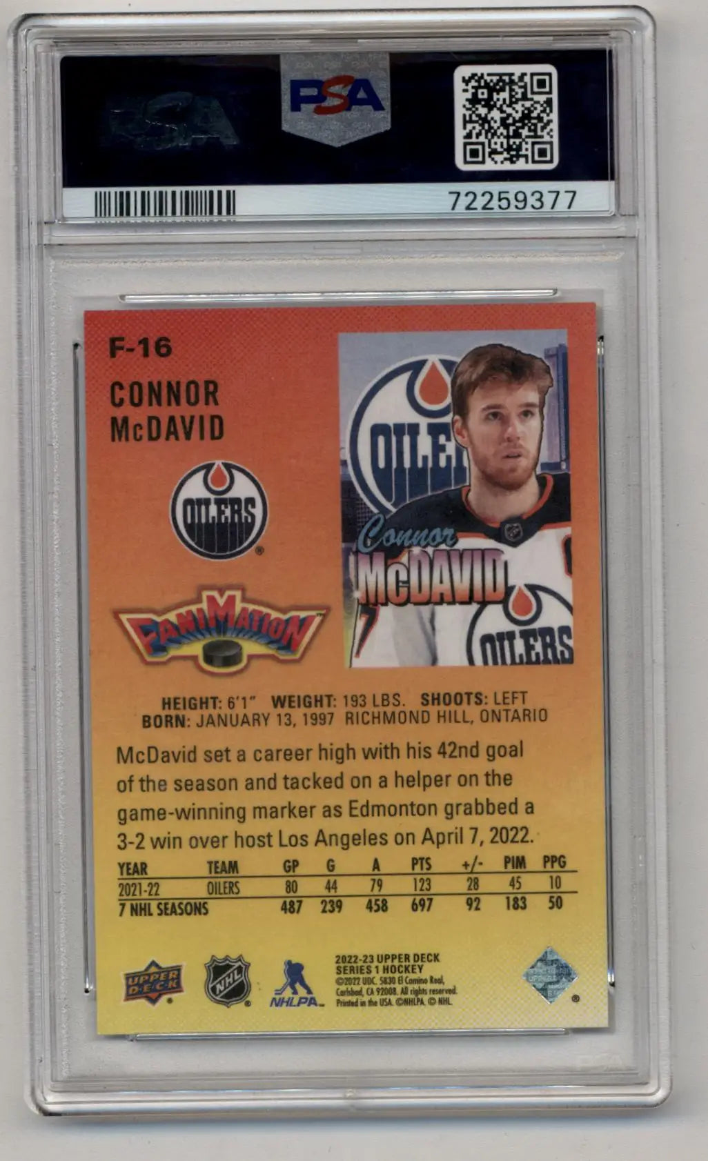 PSA-graded Connor McDavid Upper Deck Fanimation hockey card on orange background