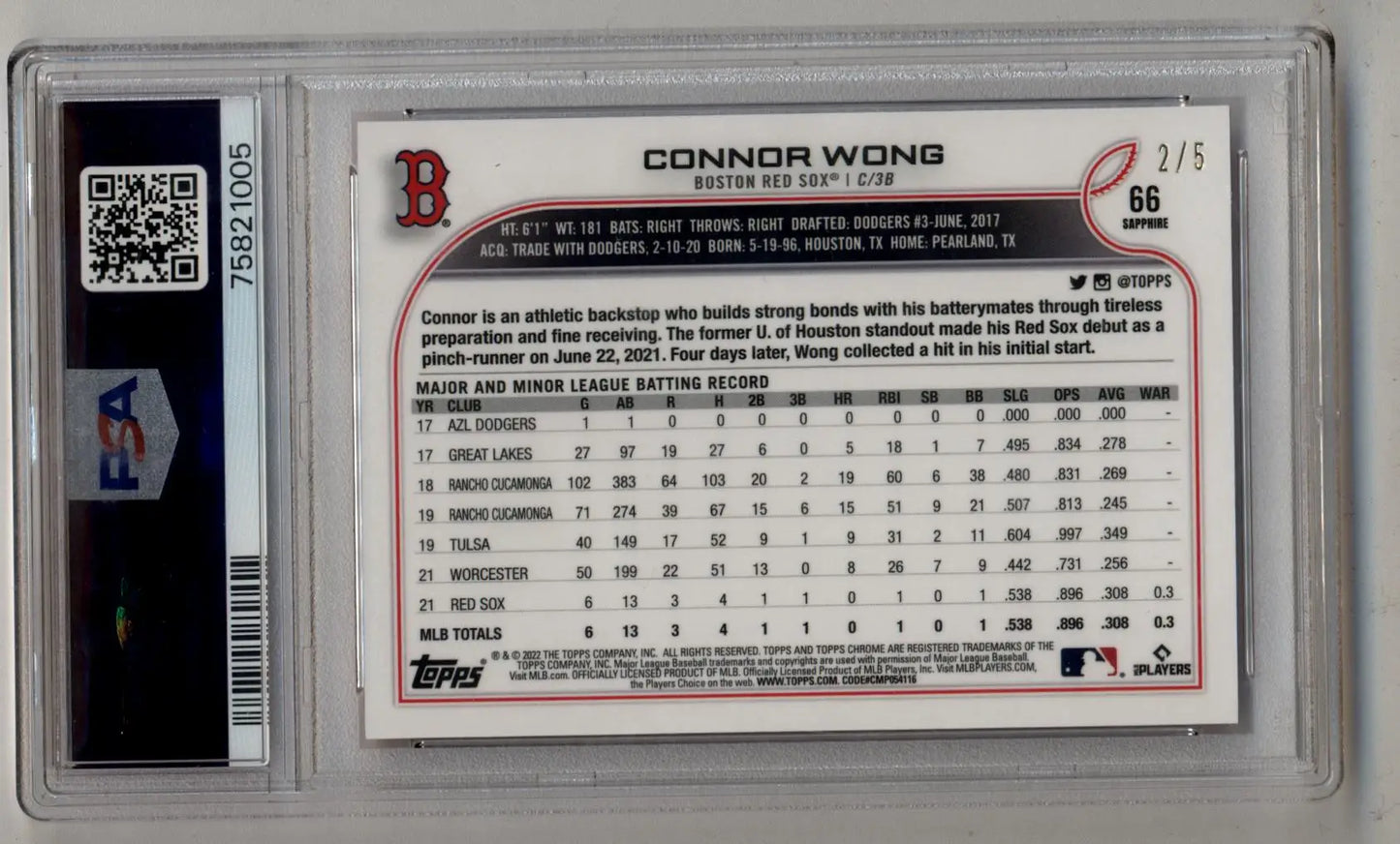 Graded Connor Wong 2022 Topps Chrome Sapphire Edition Red trading card PSA 9 Mint