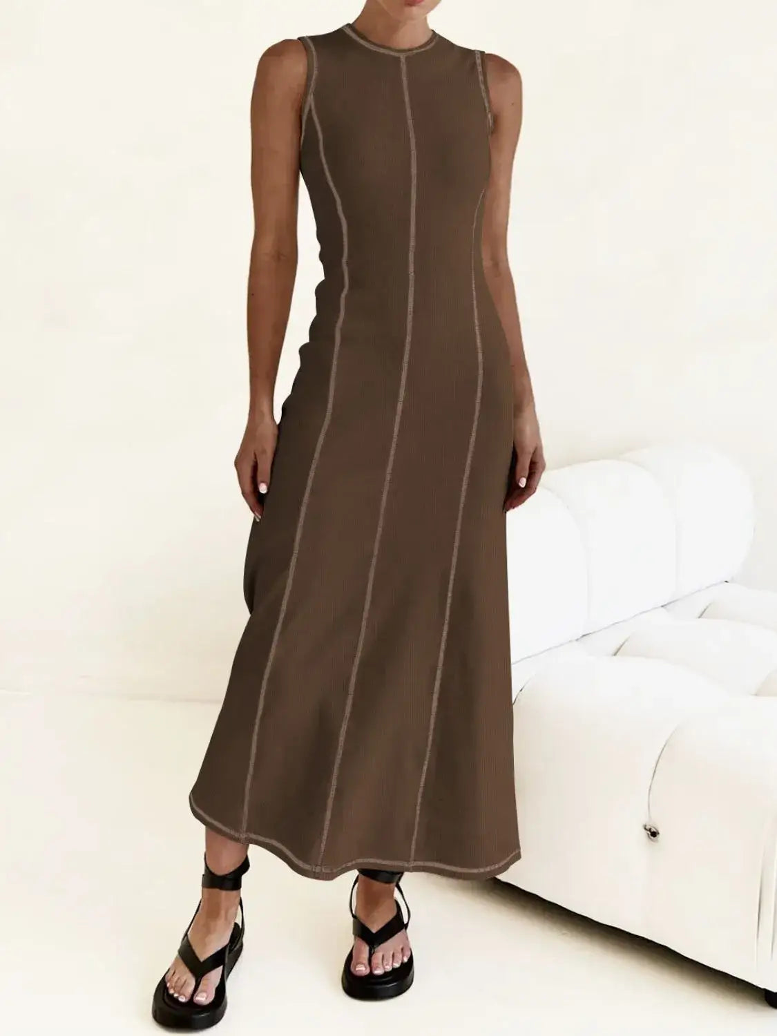 Contrast Stitching Round Neck Sleeveless Midi Dress - dress