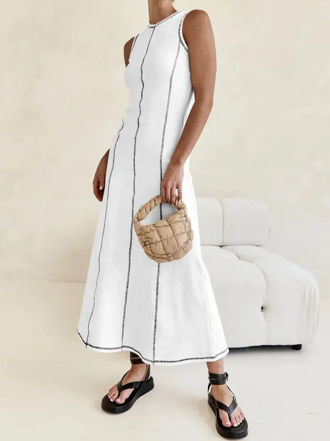 Contrast Stitching Round Neck Sleeveless Midi Dress - dress