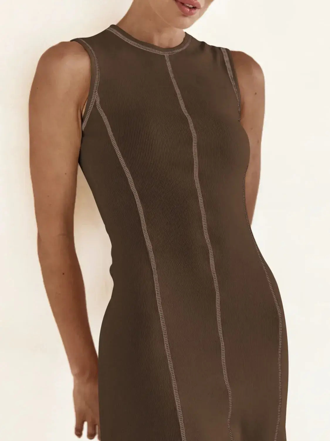 Contrast Stitching Round Neck Sleeveless Midi Dress - dress