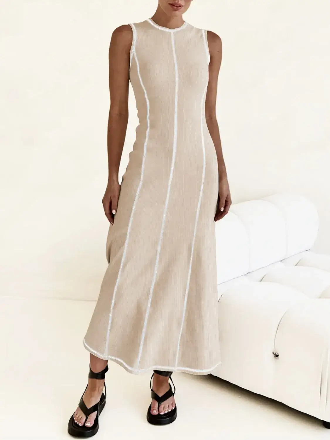 Contrast Stitching Round Neck Sleeveless Midi Dress - dress