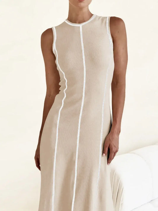 Contrast Stitching Round Neck Sleeveless Midi Dress - Tan / S - dress