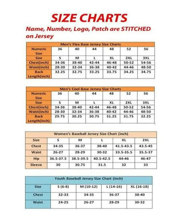 Jersey size charts displayed for Baltimore Orioles Nike Road Replica Team Jersey in black