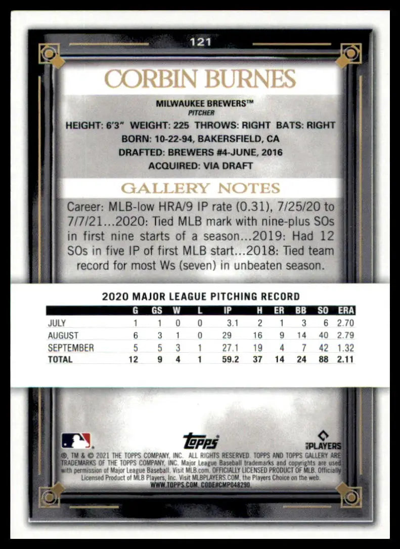 Corbin Burnes 2021 Topps Gallery baseball card Milwaukee Brewers scorecard