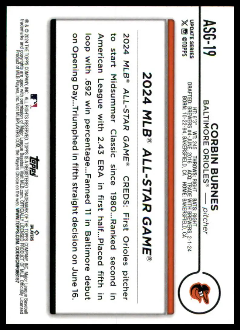Corbin Burnes baseball card from 2024 Topps Update All-Star Game series