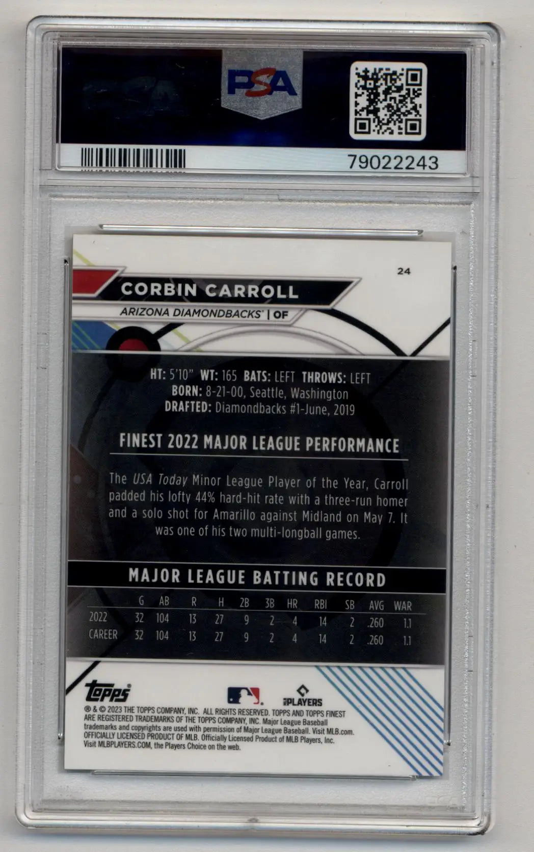 PSA-graded Corbin Carroll 2023 Finest Gold Mini Diamond baseball card 19/50