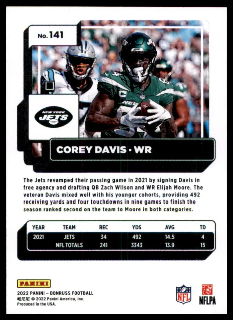 Corey Davis 2022 Donruss football card featuring New York Jets player