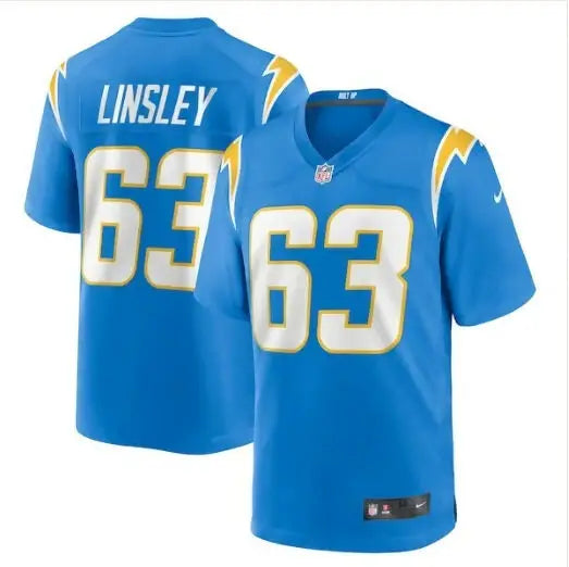 Light blue Corey Linsley Los Angeles Chargers Nike game jersey with LINSLEY 63 in white gold