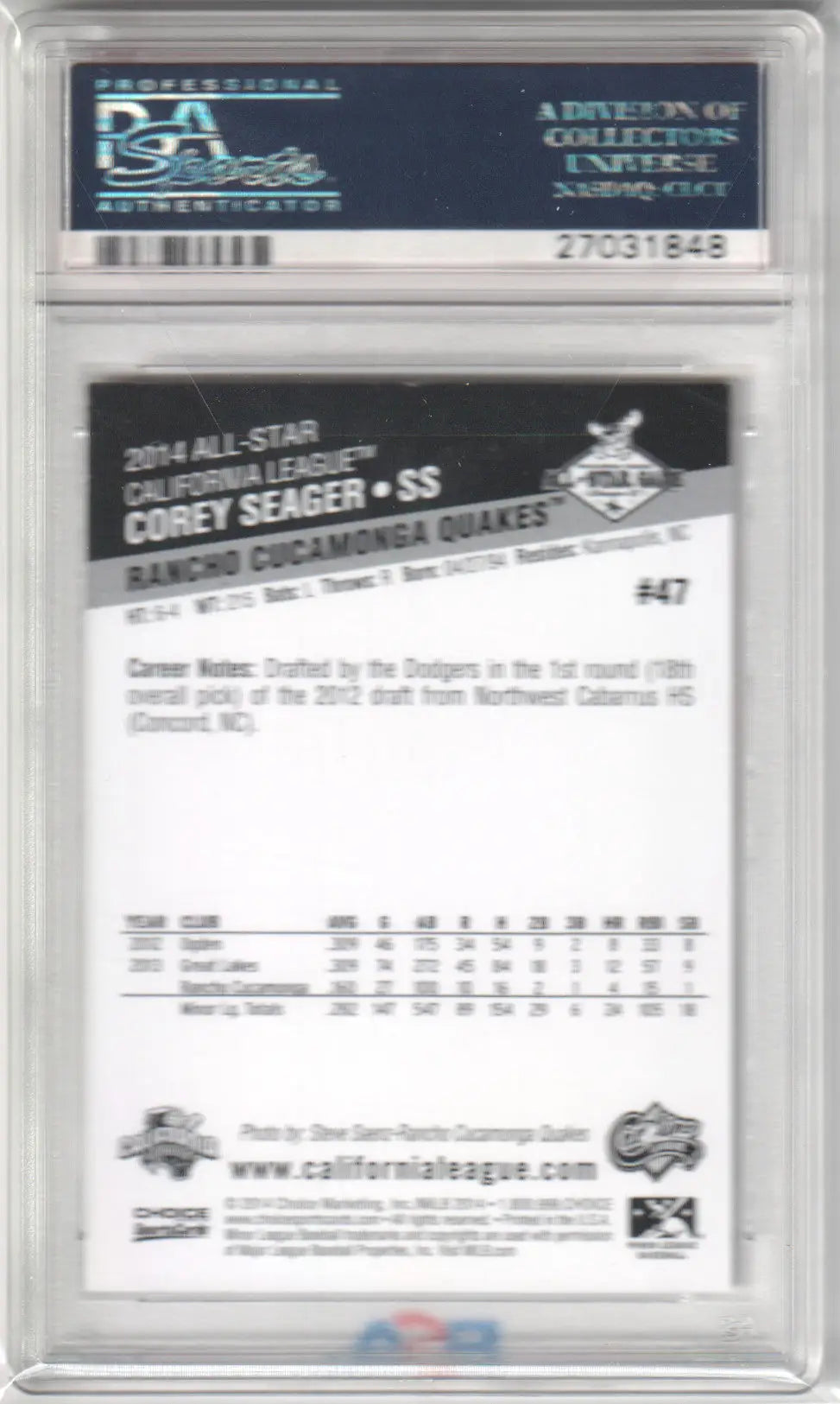 Graded Corey Seager Columbia Hobby Choice Cal Carolina League All-Star baseball card