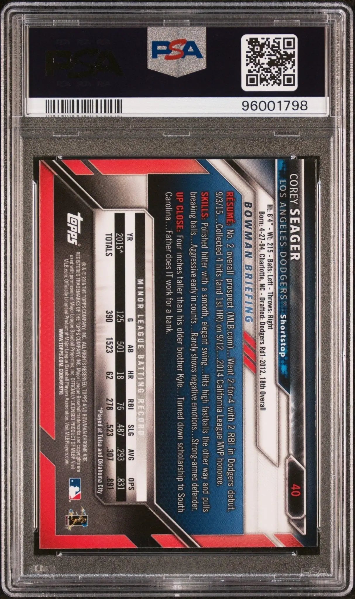 Graded Corey Seager Bowman Chrome baseball card from Columbia Hobby in mint PSA 9 condition