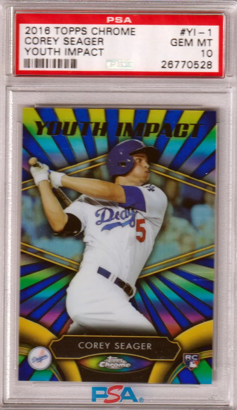 Graded Corey Seager baseball card from Topps Chrome Youth Impact series, PSA 10 GEM MINT