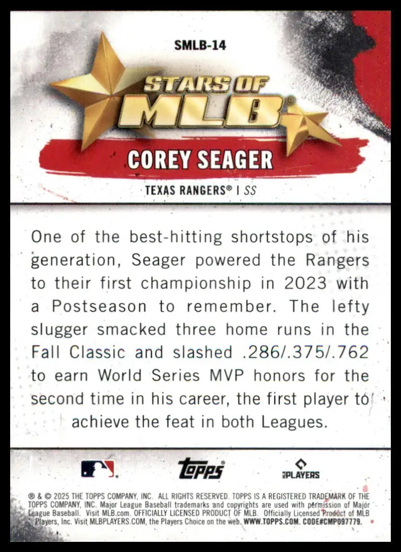 Corey Seager baseball card from 2025 Topps Stars of MLB series