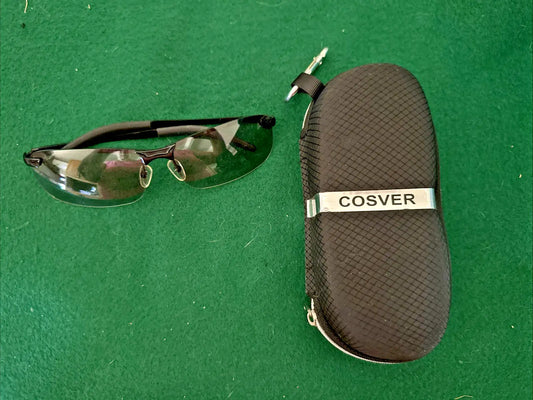 Black-framed rimless sunglasses with textured protective case for Men’s UV Sport Eyewear