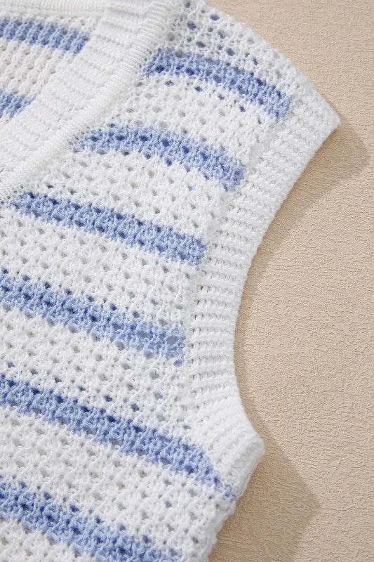 Crocheted white and light blue striped sleeveless top for Cotton Blue Striped V-Neck Vest