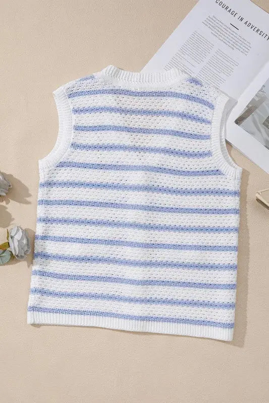White and blue striped sleeveless knit vest with V-neck and ribbed hem for Cotton Blue Striped V-Neck Vest