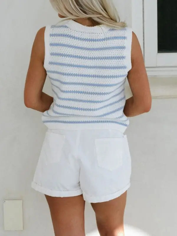 White and blue striped knit sleeveless top paired with white shorts, Cotton Blue Striped V-Neck Vest