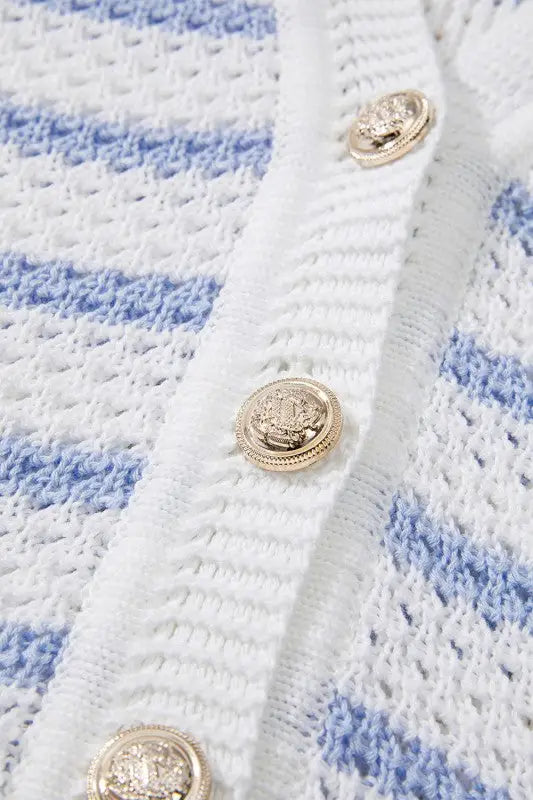White and light blue striped crochet knit cardigan with gold buttons for Cotton Blue Striped V-Neck Vest