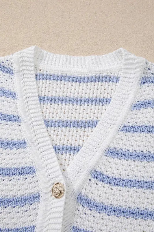 White and light blue striped button-up knit cardigan from Cotton Blue Striped V-Neck Vest