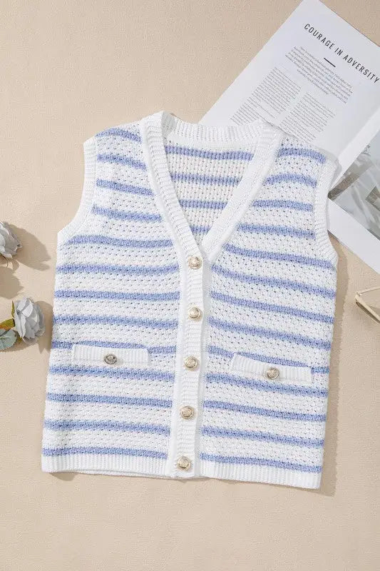 White and light blue striped knitted sleeveless cardigan with gold buttons and front pockets