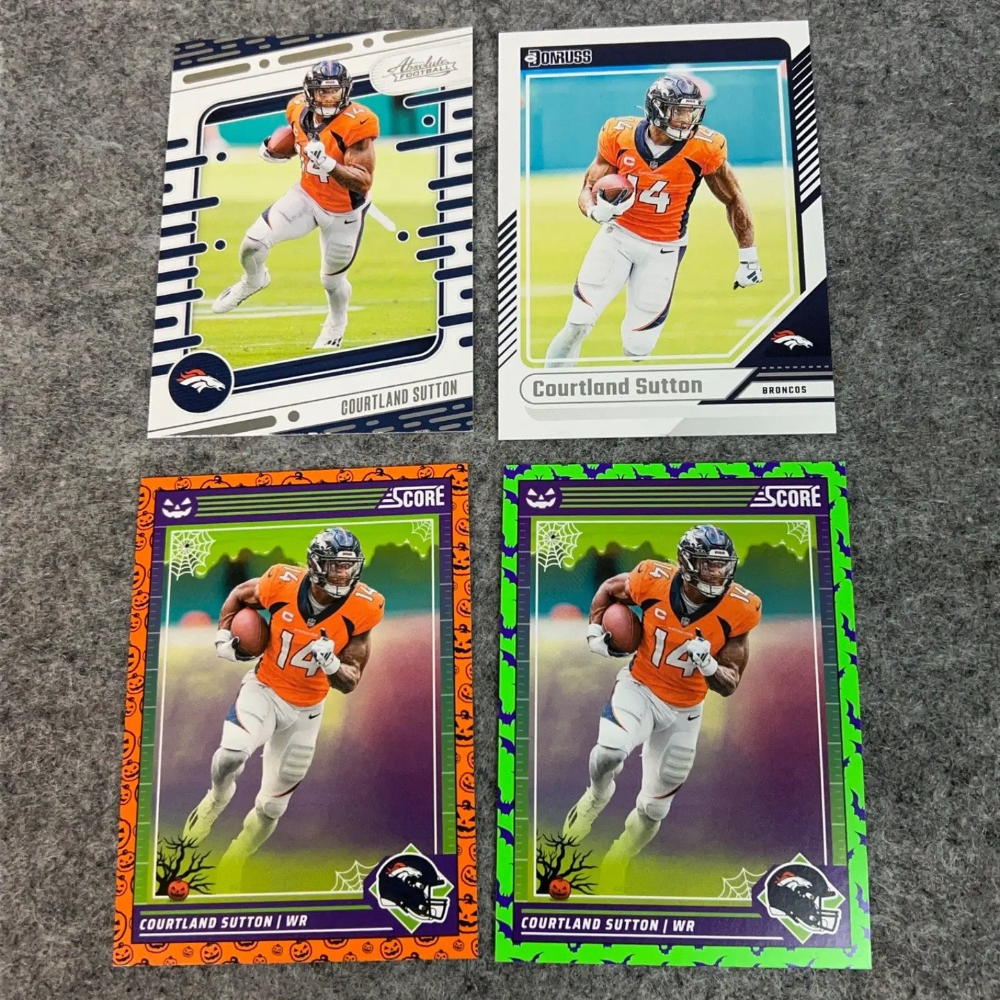 Four Courtland Sutton Denver Broncos football trading cards for the 2024 NFL season