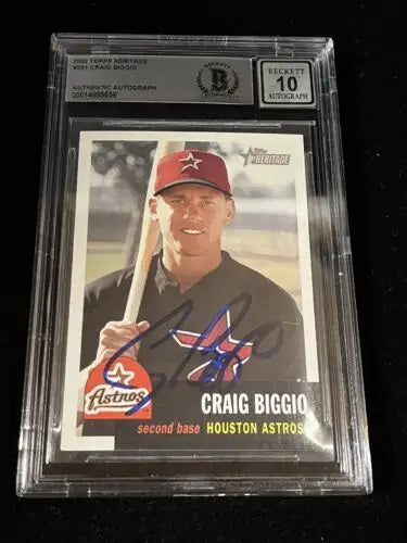 Graded Craig Biggio autographed baseball card from 2002 Topps Heritage Houston Astros