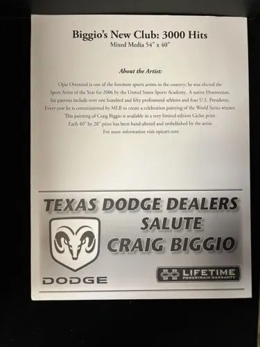 Advertisement for a Craig Biggio painting celebrating his 3000th hit auto JSA