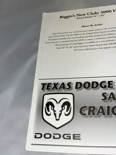 Dodge advertisement featuring Craig Biggio 3000th hit Auto JSA signed memorabilia