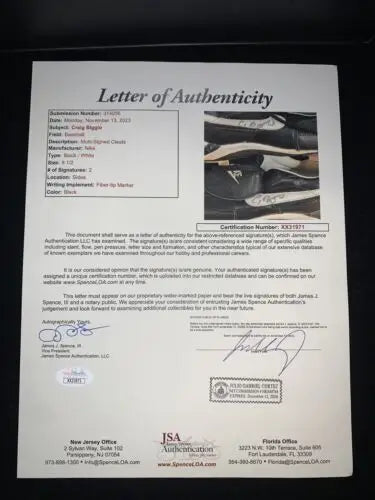Letter of Authenticity for Craig Biggio Photo Matched NIKE PRO Game Used Cleats