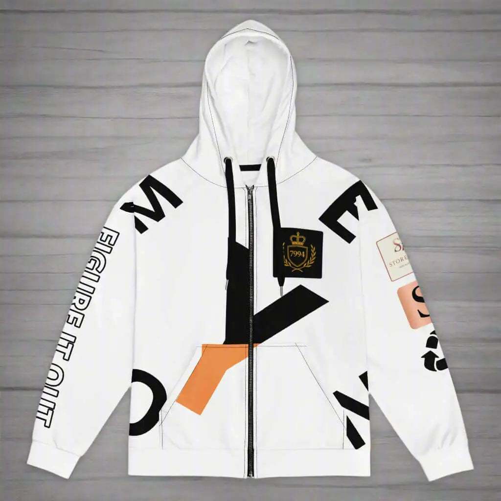White crossroads unisex zip hoodie with black, orange, and rose gold graphic designs