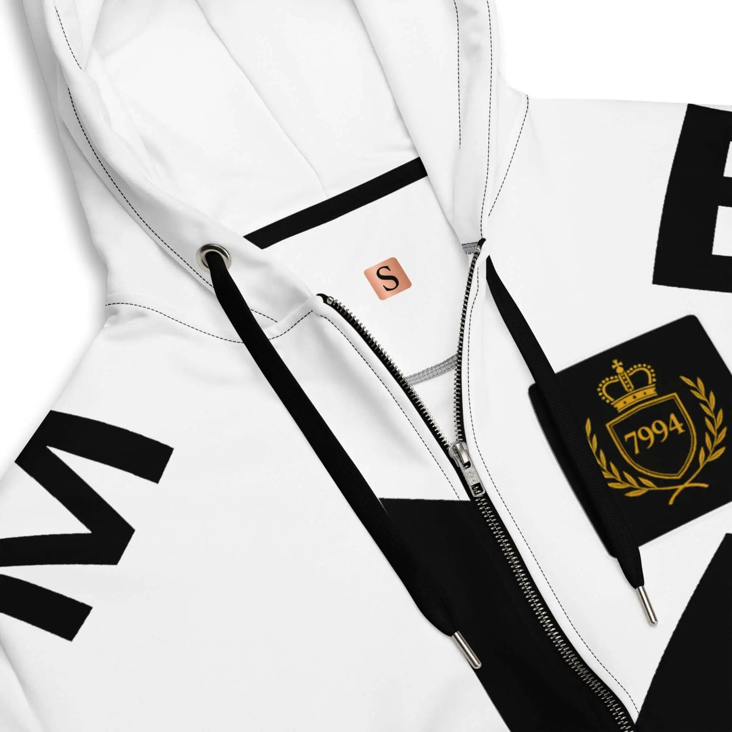 White and black crossroads unisex zip hoodie with crown emblem and 7994 detail