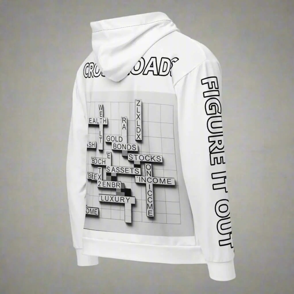 White CROSSROADS Unisex Zip Hoodie featuring a crossword puzzle design on the back