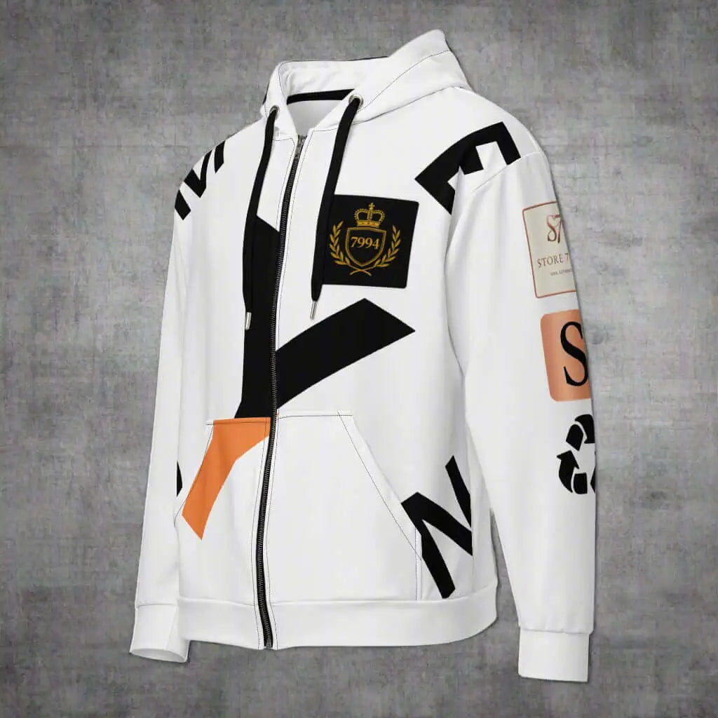 White CROSSROADS Unisex Zip Hoodie with rose gold, black, orange, and gold graphic designs