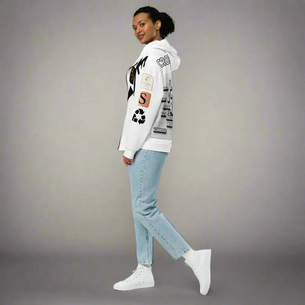White crossroads unisex zip hoodie with graphics paired with light blue jeans