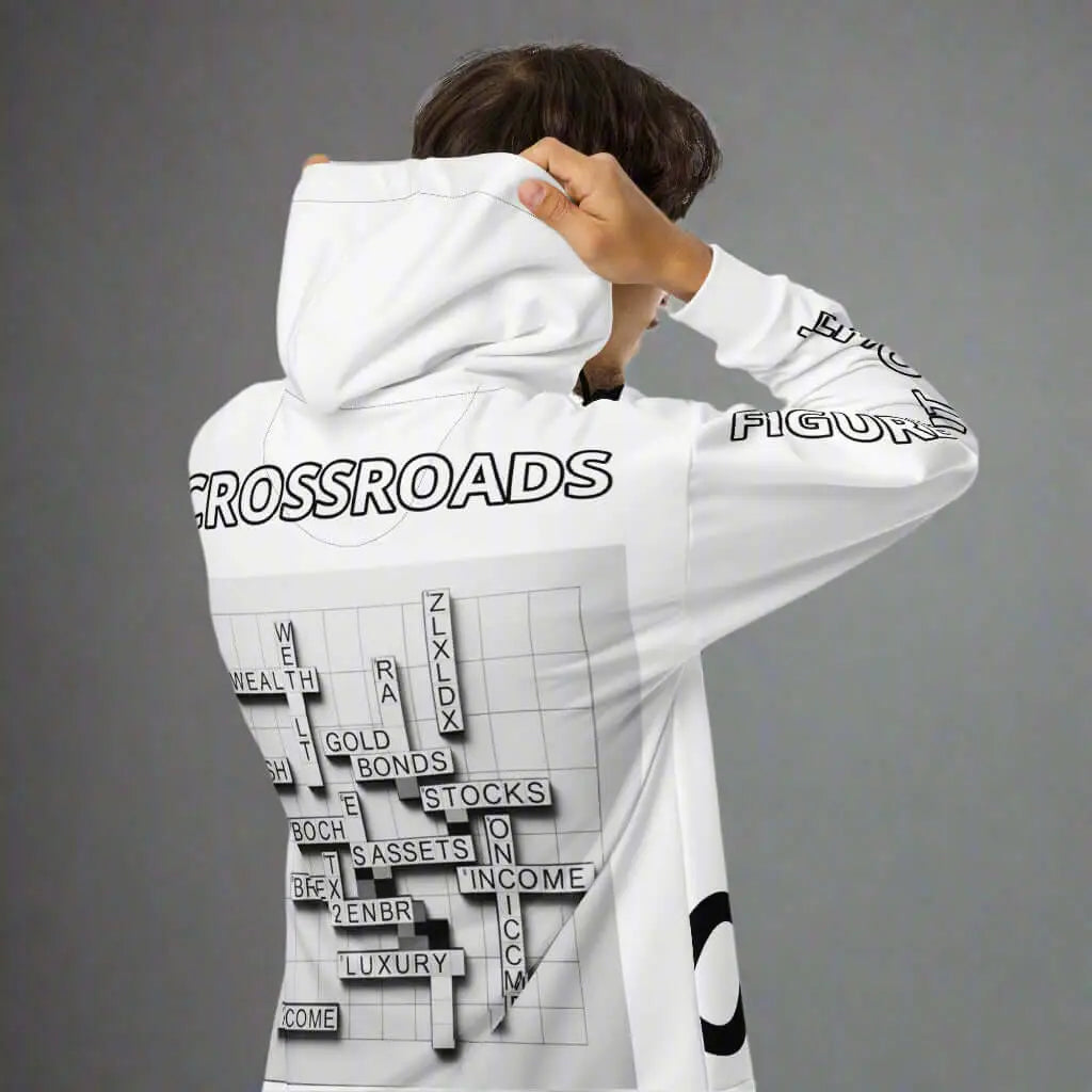 White crossroads unisex zip hoodie with crossword puzzle design and rose gold accents