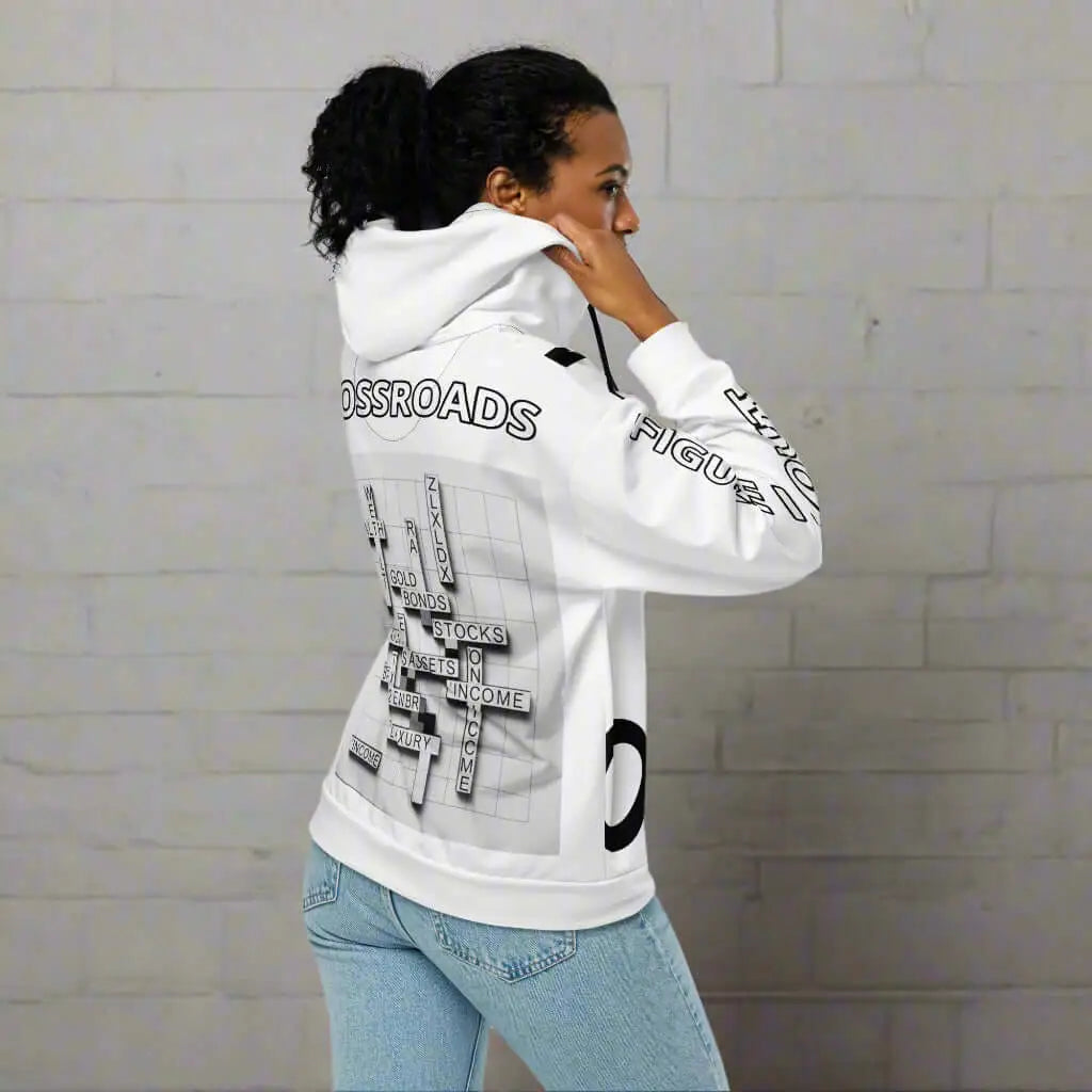 Woman wearing a CROSSROADS Unisex Zip Hoodie with crossword puzzle design and light blue jeans