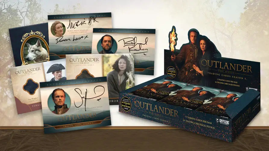 Outlander Season 5 Trading Card Hobby Box with chase sets and display of trading cards