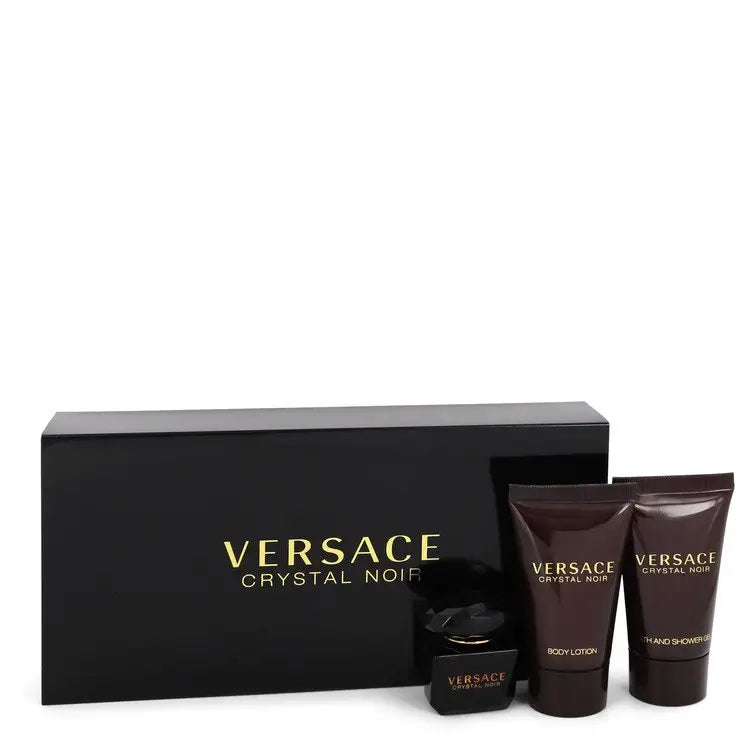 Versace Crystal Noir gift set with mini EDT, shower gel, and body lotion for women