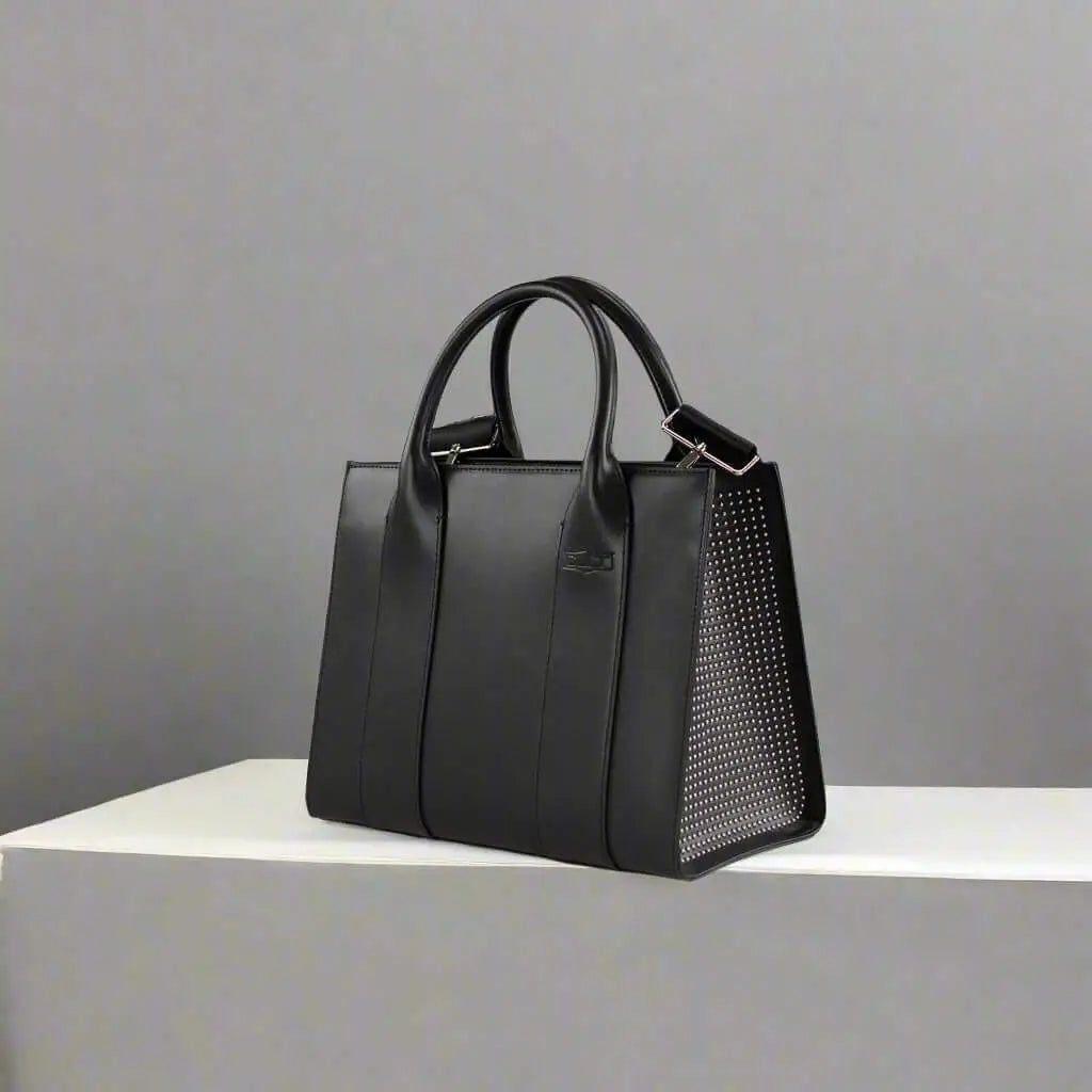 Black leather tote bag with silver studded sides from Cult women’s black leather-synthetic Handbags