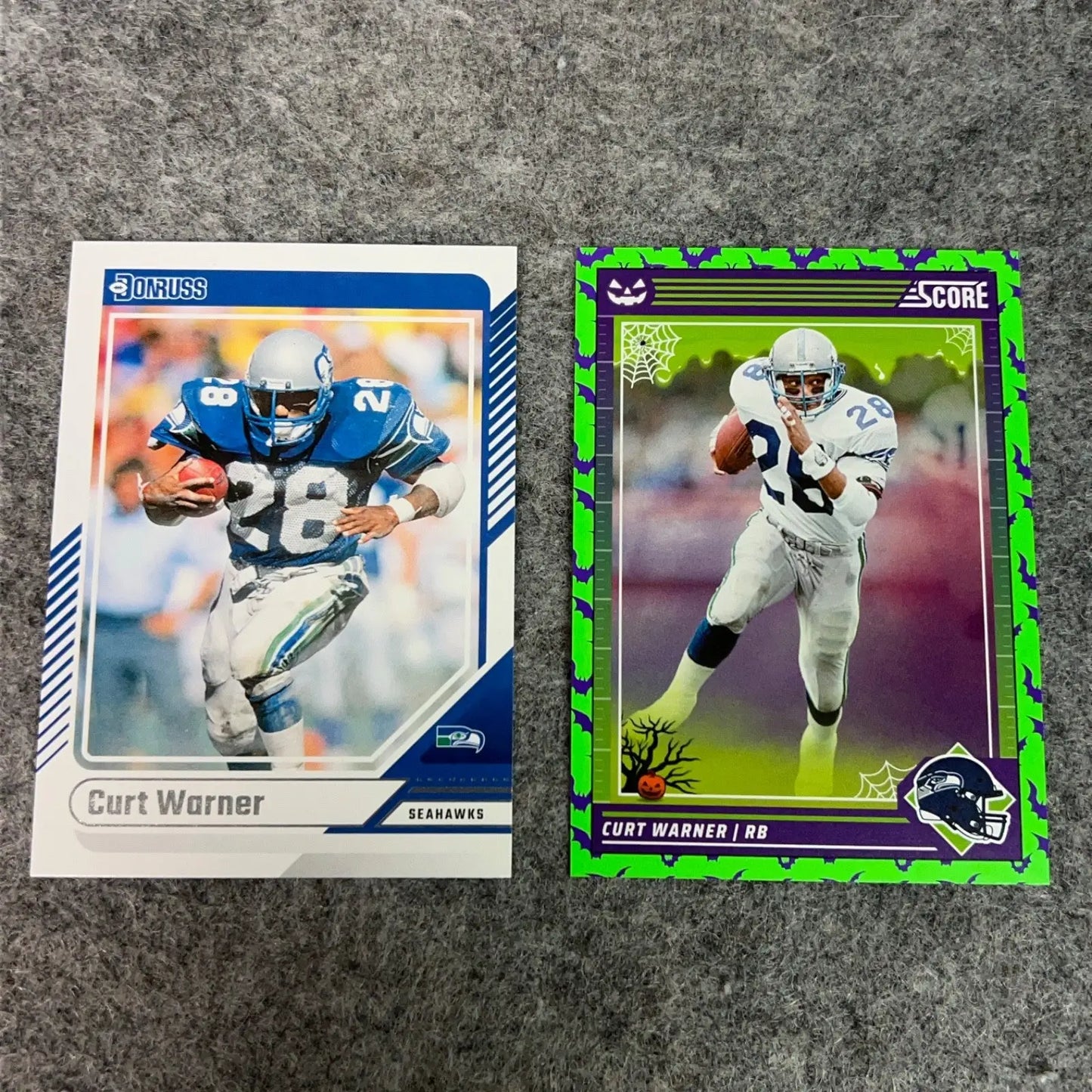Two Curt Warner Seattle Seahawks football trading cards in the 2024 NFL sports set