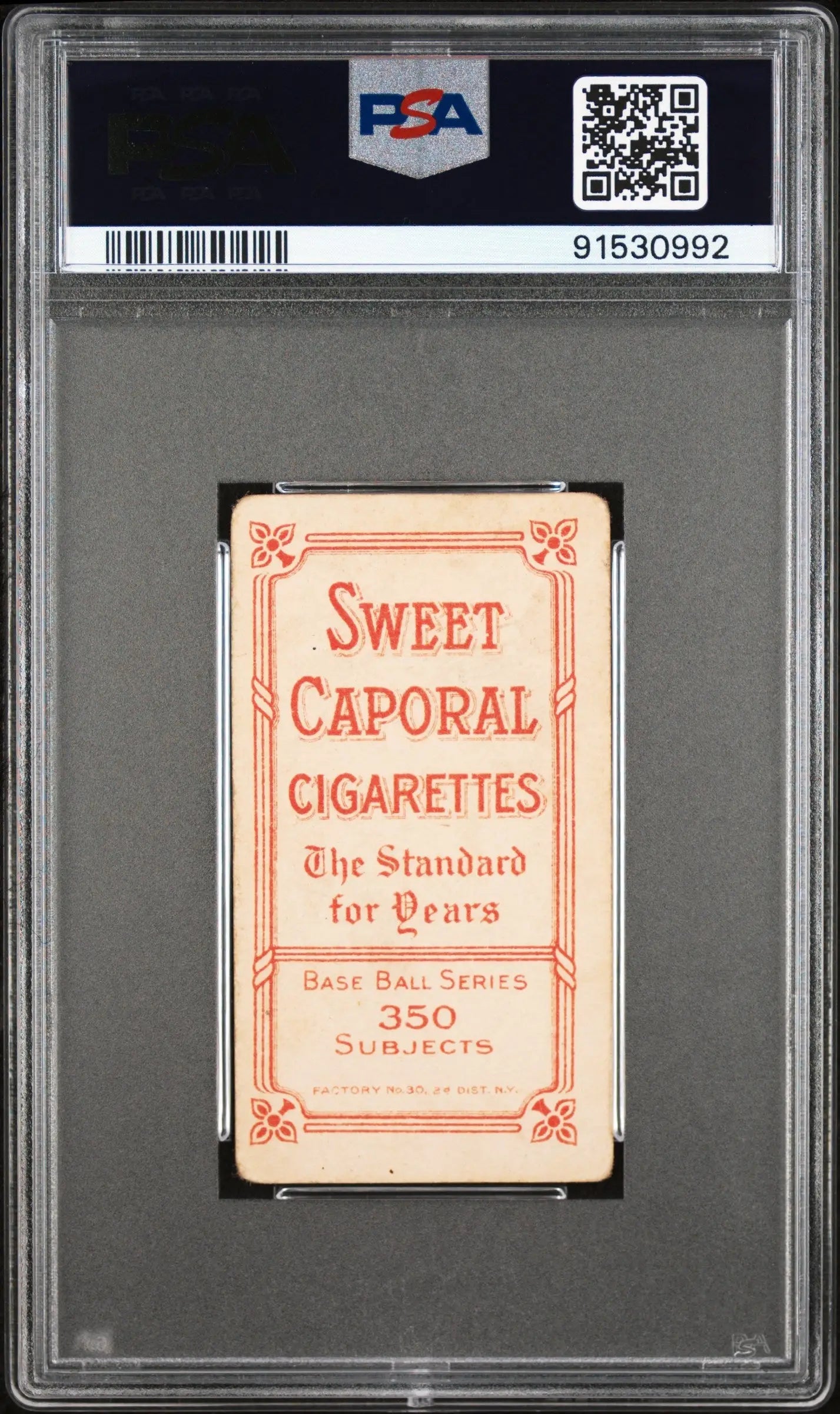 PSA-graded T206 Sweet Caporal cigarette card with red text on white background