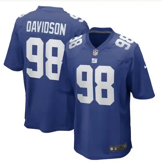 Two blue D.J. Davidson New York Giants Nike Game Player Jerseys with number 98 and Davidson on back