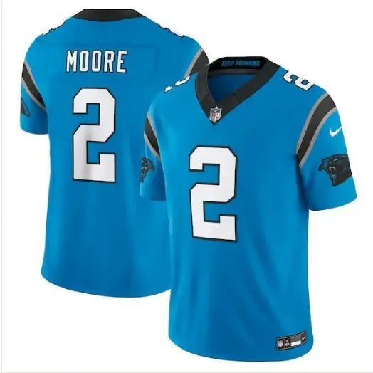 Blue Carolina Panthers D J Moore Nike Vapor F U S E limited jersey on display