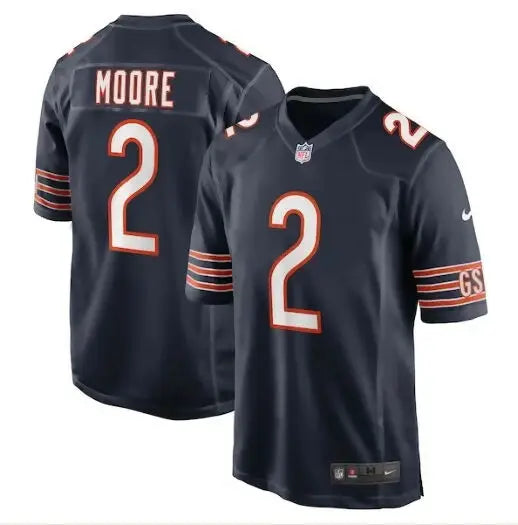 Dark blue Chicago Bears Nike D J Moore game jersey with orange and white trim and number 2