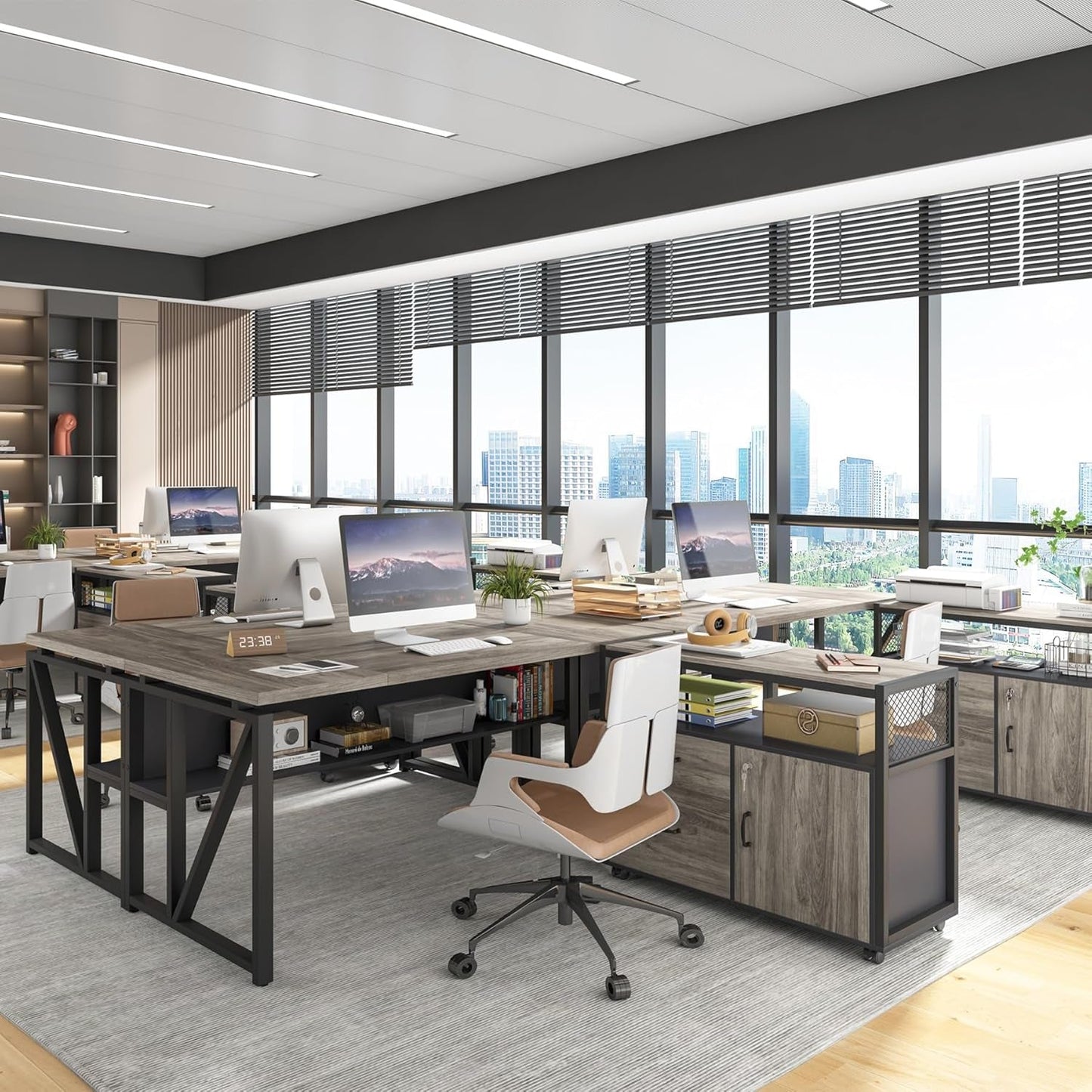 L Shaped Desk with Drawer Cabinet, 63" Executive Computer Desk and Lateral File Cabinet, 2 Piece Home Office Furniture with Drawers for Hanging File, Doors with Locks (Gray, 63 Inches)-4