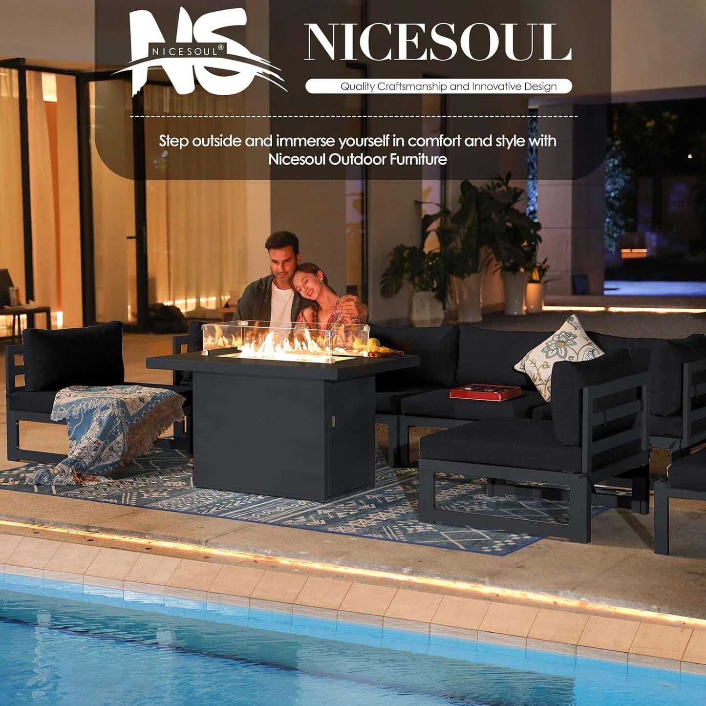 ® Modern Large Grey Aluminum Outdoor Patio Furniture Set with Fire Pit Table, 29'' Deep Wide Seating Conversation Sofa L Shaped Sectional Couch Set (6 Pieces, 5 Seats)-4