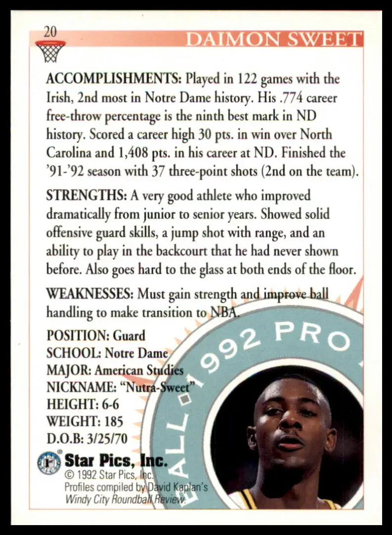 Daimon Sweet 1992 Star Pics basketball card featuring Notre Dame Fighting Irish