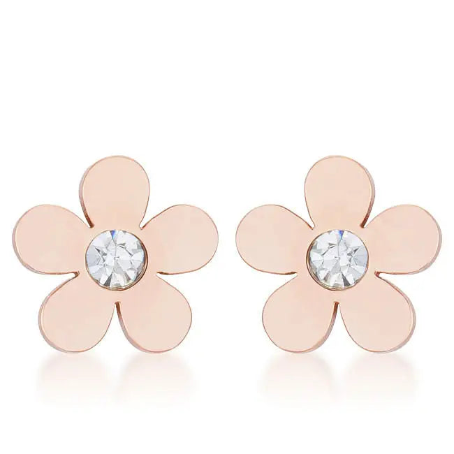 Daisy 0.3ct CZ Rose Gold Stainless Steel Flower Stud Earrings - Earrings